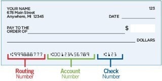 Example of Routing, Account, and Check Numbers