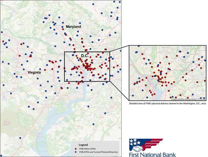 A map showing FNB’s expanded presence as the ATM provider for the National Capital Region Metrorail System, along with the Bank’s other active and planned locations in the area