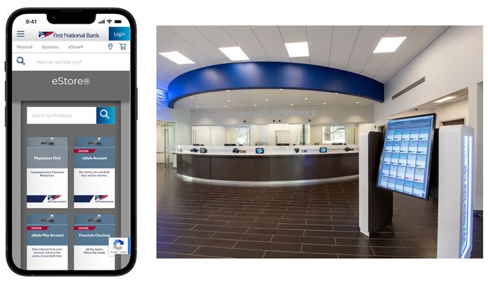 FNB eStore Displayed on Mobile Phone and in a Modern Concept Branch.