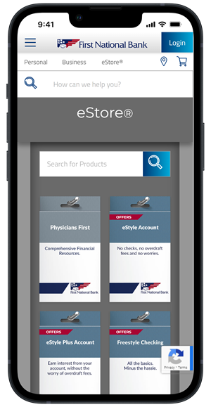 FNB eStore displayed on mobile device
